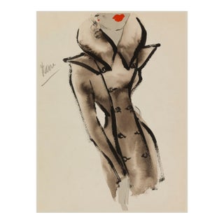 Vintage French Fashion Art Print – Brown Coat Illustration With Red Lips, 30" X 40" For Sale