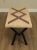 1990s Postmodern Studio Crafted Oak Purple Parquet Inlaid X Iron Base Coffee Table For Sale - Image 5 of 13