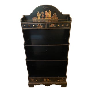 Chinoiserie Black Lacquer Shelf With Drawers For Sale