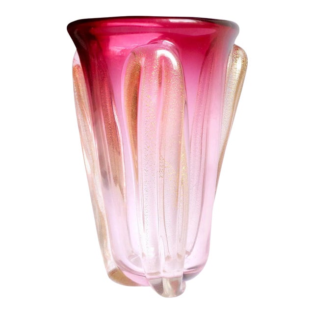 Vintage Murano Seguso Red Pink Sommerso Gold Flecks Italian Art Glass Midcentury Flower Vase For Sale