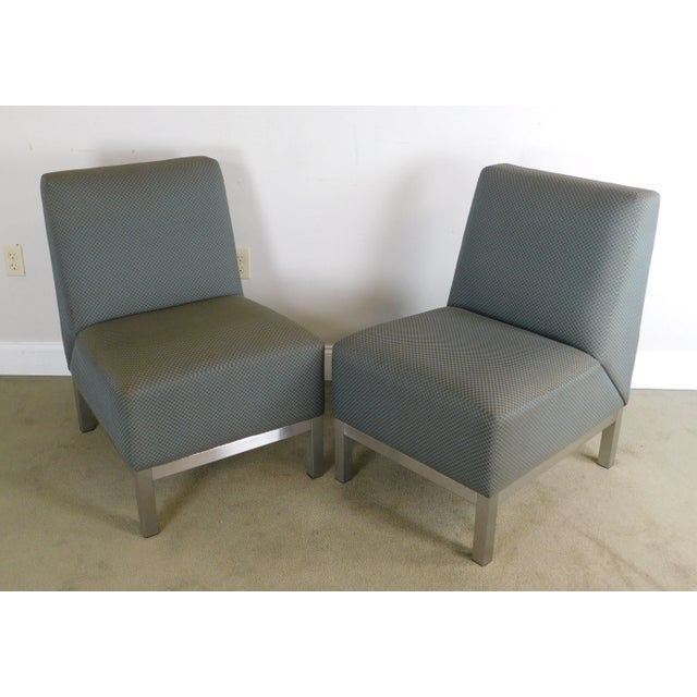 High Quality Custom Upholstered Pair of Chrome Base Armless Lounge Chairs