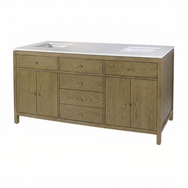 Nora 72 in. W Quartz and Wood Double Sink 4 Drawer Bathroom Vanity Set, Light Oak For Sale - Image 12 of 12