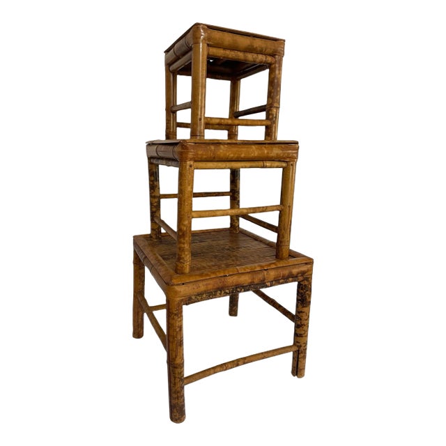 Vintage Burnt Bamboo Nesting Plant Stands / Tables - Set of 3 For Sale