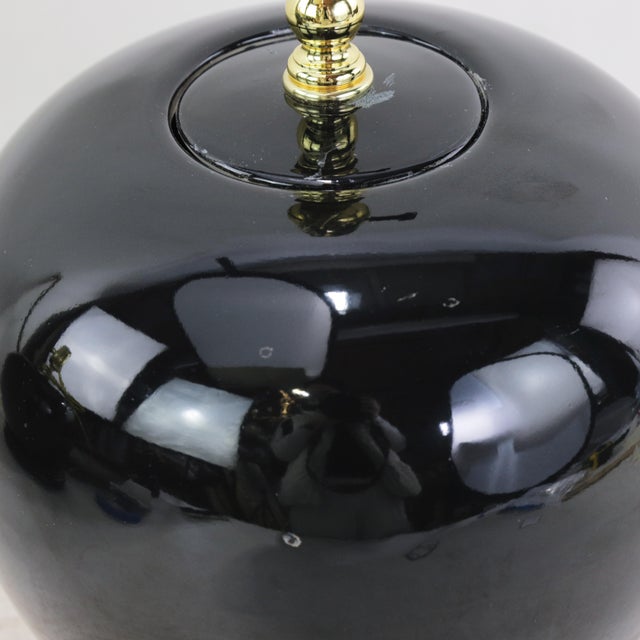 A Pair Early 20th Century Black Monochrome Porcelain Watermelon Jar Table Lamps on Carved Wood Bases For Sale In New York - Image 6 of 15