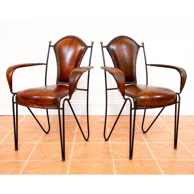 Mid-Century Modern Mid-Century Modern Sculptural Leather Armchair in Iron and Brass from Jacques Adnet, 1950s For Sale - Image 3 of 18