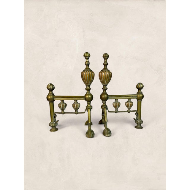 English Antique English Cast Brass Andirons With Scrolled Legs For Sale - Image 3 of 7
