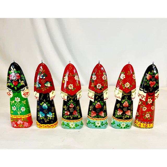 Ruby Red Vintage Boho Chic Folk Art Russian Hand Crafted Christmas Ornaments - Set of 6, Large For Sale - Image 8 of 9