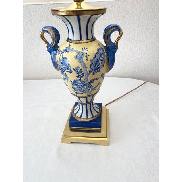 Vintage Exquisitely Unique Urn/Vase Style With Handles Blue, Yellow and White Porcelain/Ceramic with Brass base and Top...