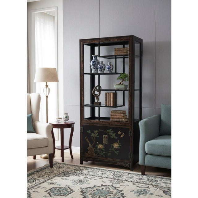1980s Mid-Century Chinoiserie Black Lacquer Staggered Vitrine Cabinet For Sale In West Palm - Image 6 of 7