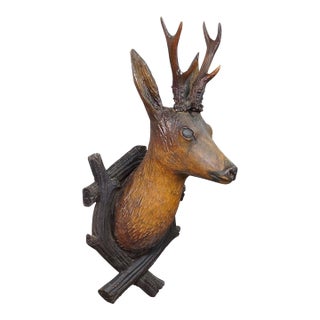 Large Naturalistic Black Forest Carved Deer Head, Ca. 1930s For Sale