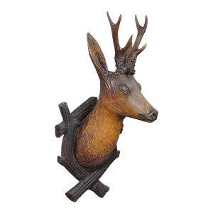 Large Naturalistic Black Forest Carved Deer Head, Ca. 1930s