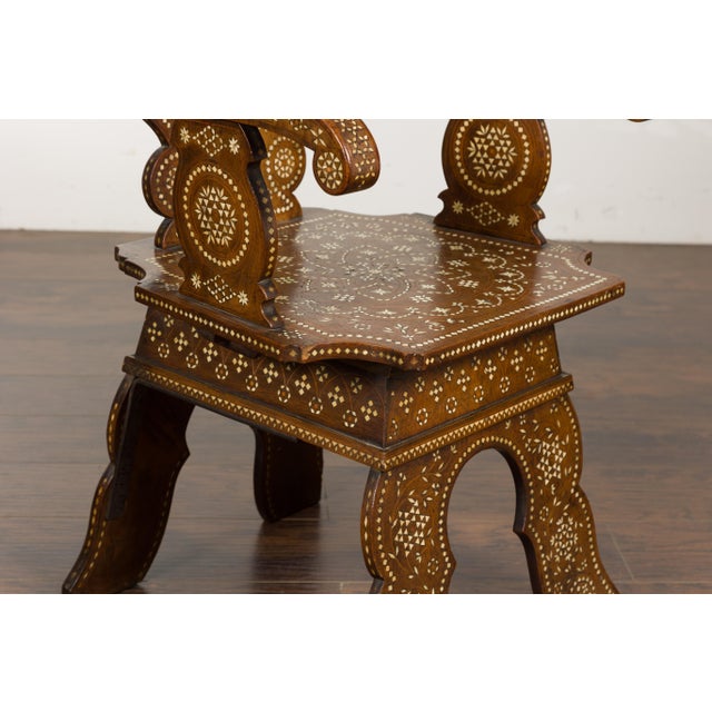 Moroccan Richly Inlaid Armchair with Carved Back and Scrolling Arms, circa 1900 For Sale - Image 12 of 12
