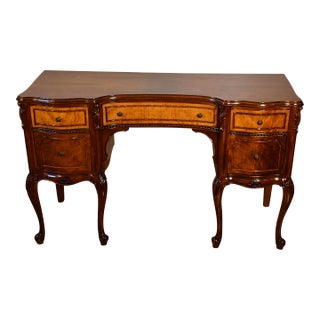 1930s French Carved Walnut & Satinwood Vanity / Ladies Desk / Makeup Table For Sale