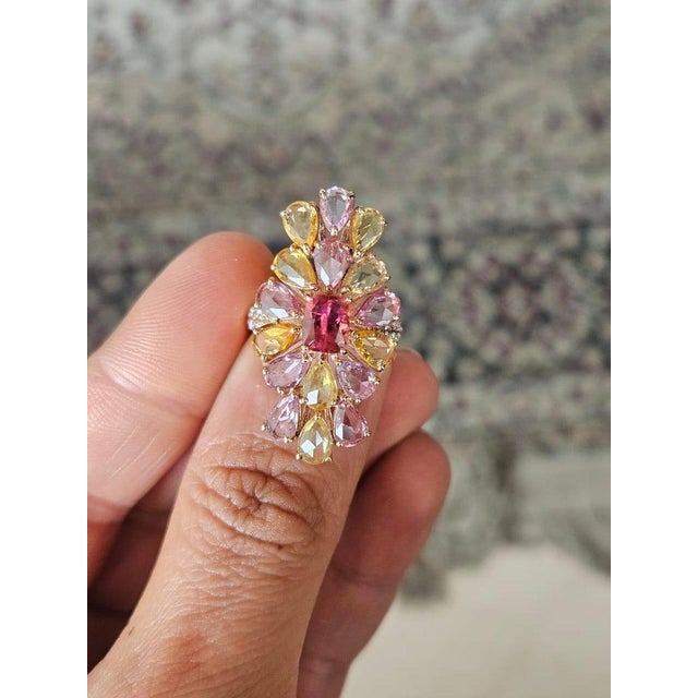 Set in 18k Rose Gold, Pink Sapphires, Tourmaline & Diamond Cluster Cocktail Ring, Size 6 For Sale - Image 9 of 11