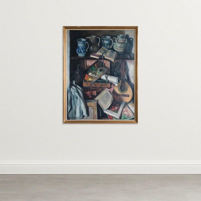 Alberto Muñoz Boquera, Still Life with Guitar and Books, 1950s, Oil on Canvas, in Good conditions. Designed 1950 to 1959