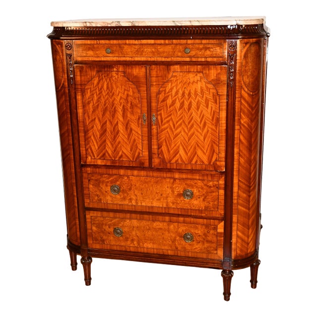 1900 Antique French Louis XVI Satinwood & Burl Walnut Marble Top Dresser For Sale