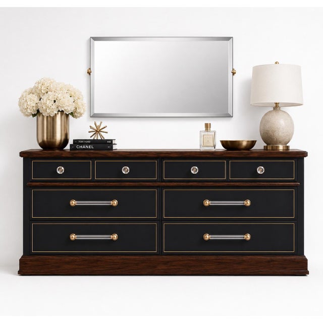 DESCRIPTION A sophisticated reimagining of a classic 1960s–1970s American dresser and beveled mirror, thoughtfully...