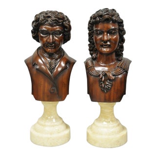 Late 20th Century Classical Maitland Smith Style Carved Mahogany Wood Bust on Alabaster - A Pair For Sale