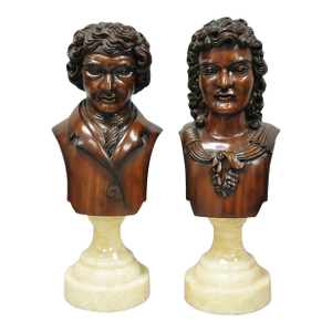 Late 20th Century Classical Maitland Smith Style Carved Mahogany Wood Bust on Alabaster - A Pair