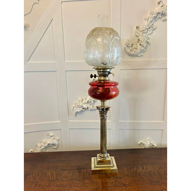 Antique Victorian Cranberry Glass Oil Lamp on Brass Corinthian Column, 1860 For Sale - Image 11 of 11