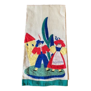 Vintage Linen Hand Appliqued Hand/Tea Towel, Spanish Motif