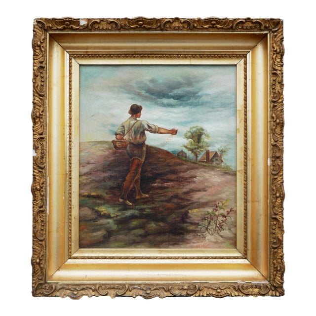 Naturalistic Pastoral Figurative Farm Painting of a Man Sowing Seeds in a Field, Late 19th Century For Sale