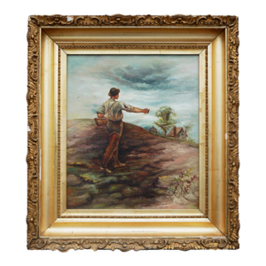 Naturalistic Pastoral Figurative Farm Painting of a Man Sowing Seeds in a Field, Late 19th Century