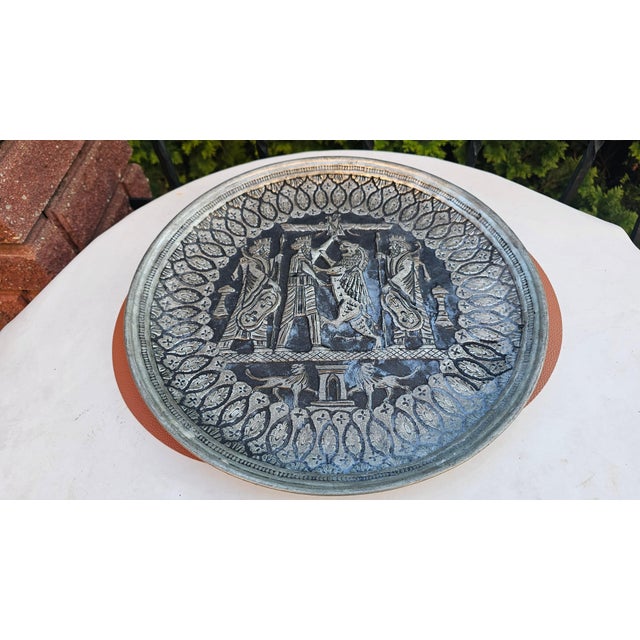 Metal Art Deco Middle Eastern Ghalamzani Technique Plate, 1920s For Sale - Image 7 of 10