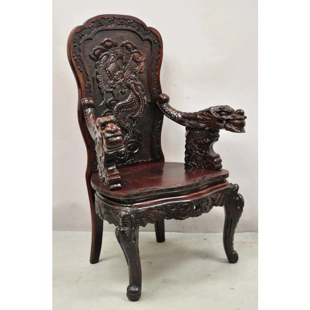 Antique Japanese Export Carved Hardwood Foo Dog Figural Throne Desk Arm Chair. Item features carved foo dog arms, solid...