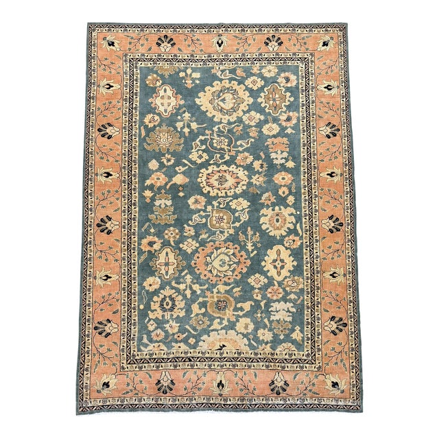 Vintage Sultanabad Style | Floral Design in Green-Blue and Beige | 7x10 For Sale