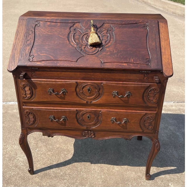 Beautiful carved front French secretary! Completely fitted inside with the working key!