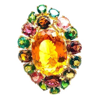 Bochic "Orient" Vintage Tourmaline & Orange Citrine Ring - 18K Gold & Silver For Sale