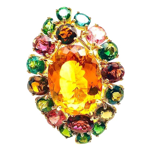 Bochic "Orient" Vintage Tourmaline & Orange Citrine Ring - 18K Gold & Silver For Sale