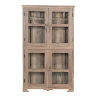 Vintage Indian Glass Armoire | Antique Bleached Wood Cabinet | Wabi Sabi Display Cabinet | Rustic Home Decor For Sale
