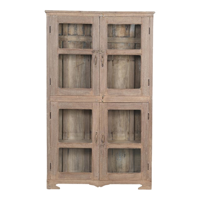 Vintage Indian Glass Armoire | Antique Bleached Wood Cabinet | Wabi Sabi Display Cabinet | Rustic Home Decor For Sale