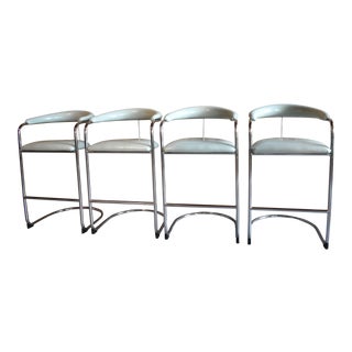 Set of 4 Blue Vinyl Bar Stools Attributed to Anton Lorenz for Thonet For Sale