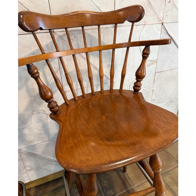 Ethan Allen Vintage Ethan Allen Heirloom Nutmeg Maple Colonial Early American Pub Style Swivel Barstool With Metal Footrest- A Pair For Sale - Image 4 of 12
