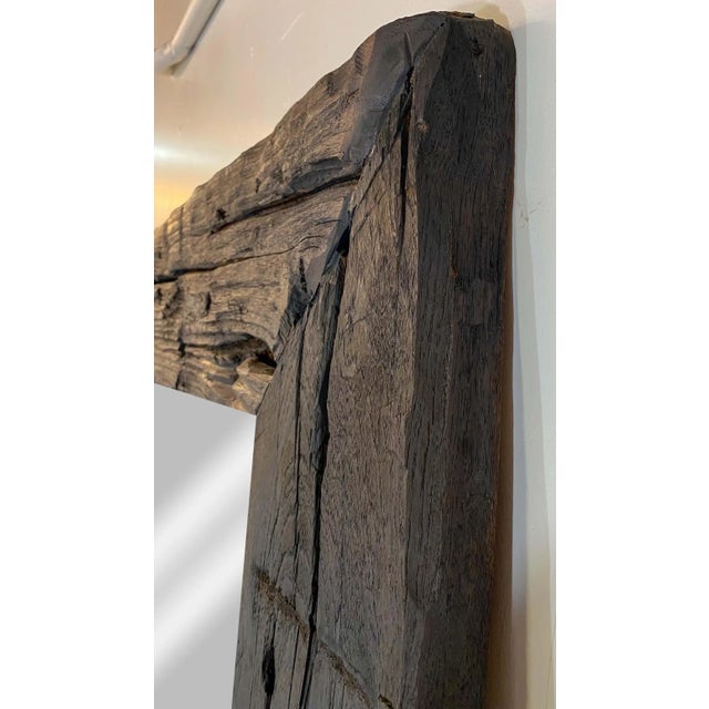 1980s Monumental Modern Rustic Style Hand Carved Wooden Black Frame Floor Mirror For Sale - Image 5 of 13
