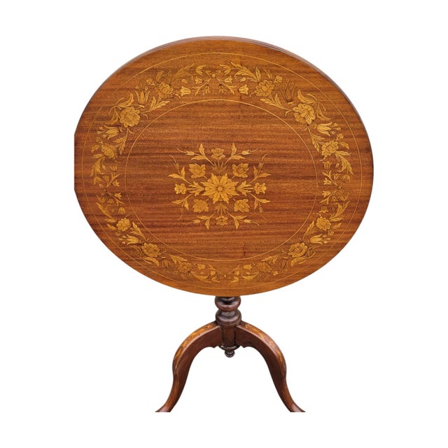 1920s 1920s Mahogany Inlaid Tilt-Top Table – Queen Anne Style Pedestal Center Table For Sale - Image 5 of 11