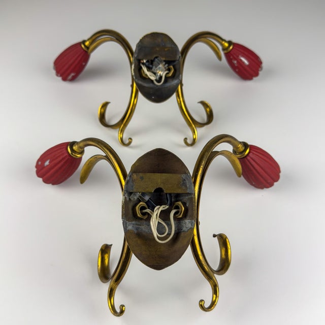 Vintage Italian Red Brass Wall Sconces, 1950s, Set of 2 For Sale - Image 9 of 18