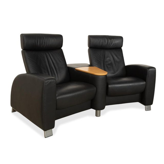 Set of Black Leather Arion Two-Seater Sofa and Ottoman with Wheels and Manual Function from Stressless For Sale - Image 5 of 18