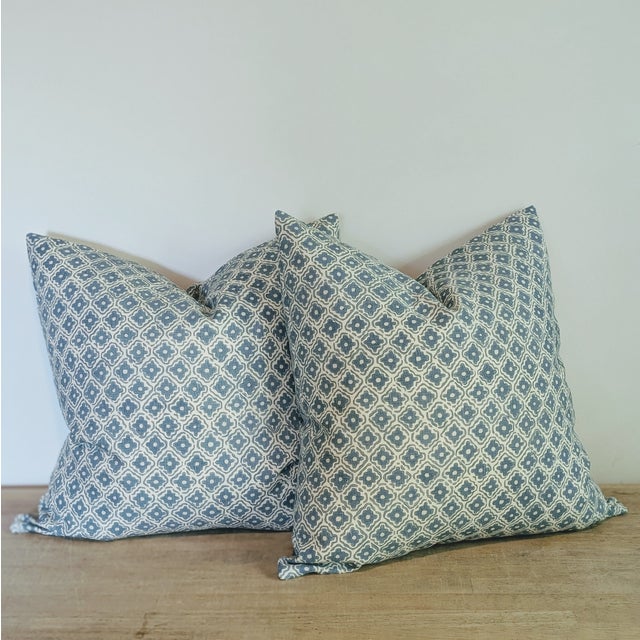Indian Namay Samay Tali Blue Block Print Pillows - Set of 2 For Sale - Image 3 of 5