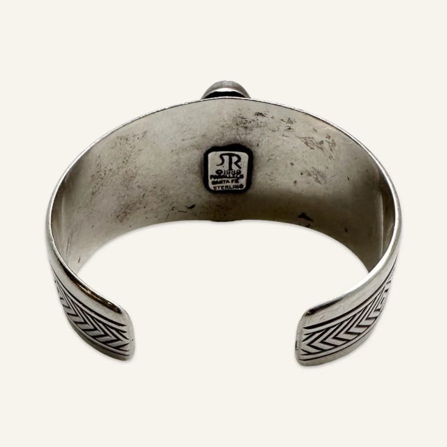 1990s American Indian Sterling Silver Cuff Bracelet With Lapis Lazuli Stone by Navajo James Reid For Sale - Image 4 of 5