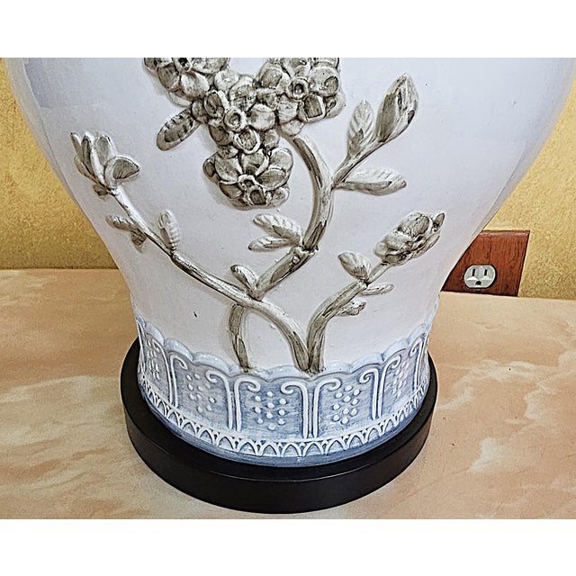 Ceramic Late 20th Century Chinese Chinoiserie Porcelain Table Lamp With Relief Floral Motif & Black Shade, 30"h For Sale - Image 7 of 18