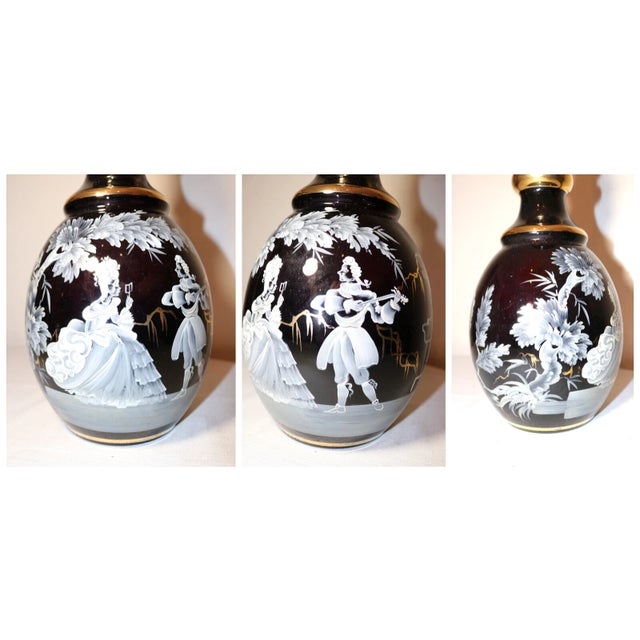 American Huge Vintage Black Amethyst Enameled Mary Gregory Glass Liquor Decanter Bottle For Sale - Image 3 of 12