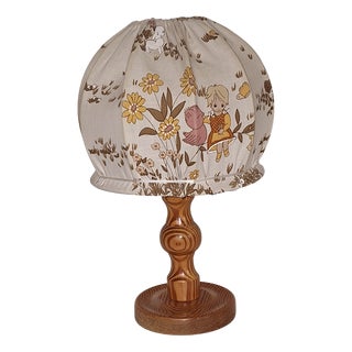 Vintage Turned Pine Table Lamp with Fabric Shade, 1970s For Sale