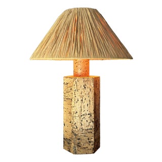 Mid-Century Boho Cork Table Lamp with Raffia Shade in the style of Ingo Maurer, 1970s For Sale