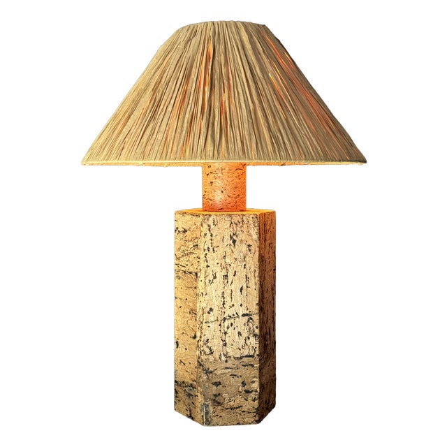 Mid-Century Boho Cork Table Lamp with Raffia Shade in the style of Ingo Maurer, 1970s For Sale