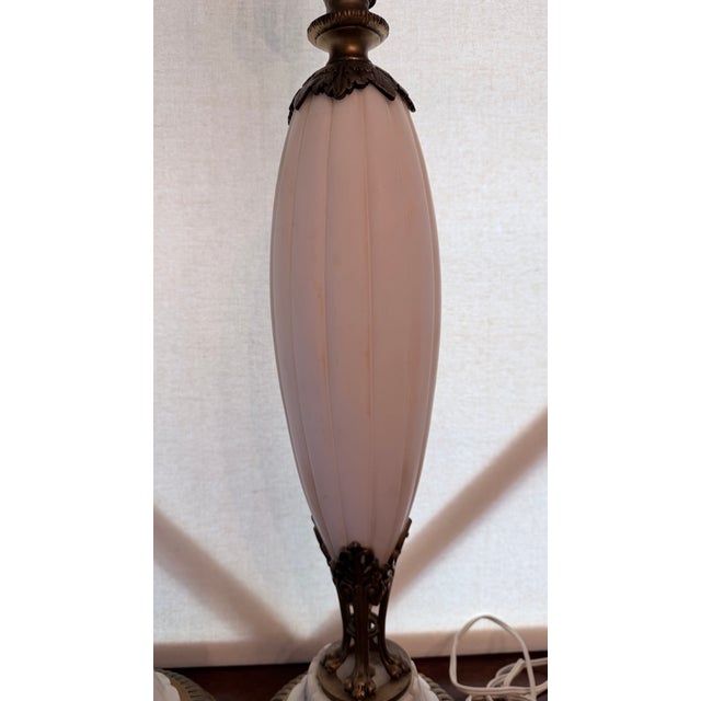 Vintage Mid-Century Modern Neoclassical Carved Alabaster & Brass Spindle Table Lamps - A Pair. For Sale - Image 12 of 18