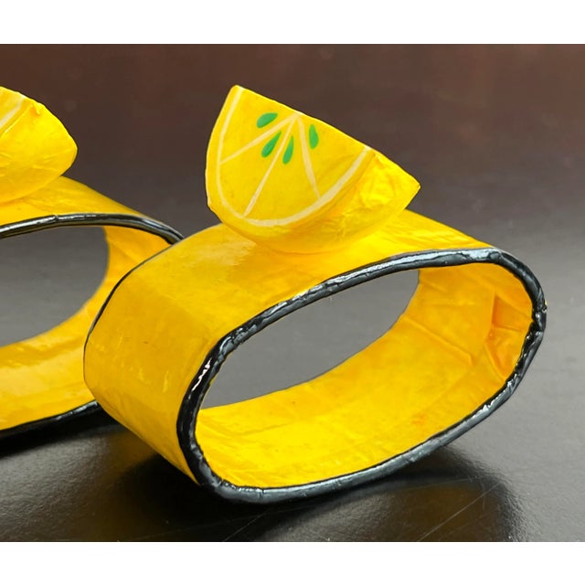 Mid-Century Modern Vintage 1970's Papier Mache Lemon Yellow Napkin Rings - Set of 4 For Sale - Image 3 of 4